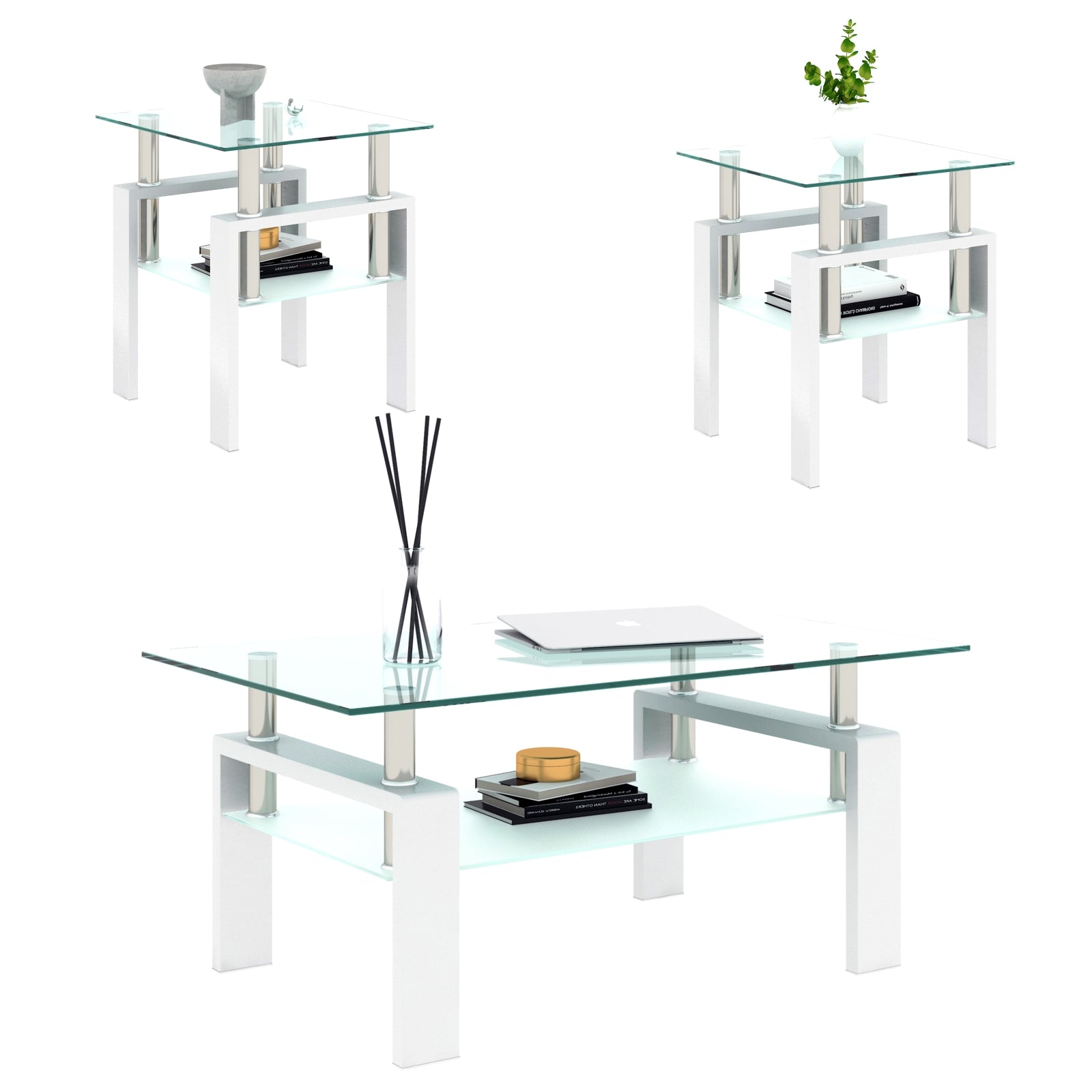 2-Pc Modern Tempered Glass Coffee Tea End Tables For Living Room