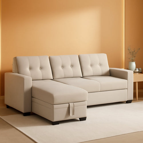 Beige L Shaped Convertible Sleeper Sectional Couch-0