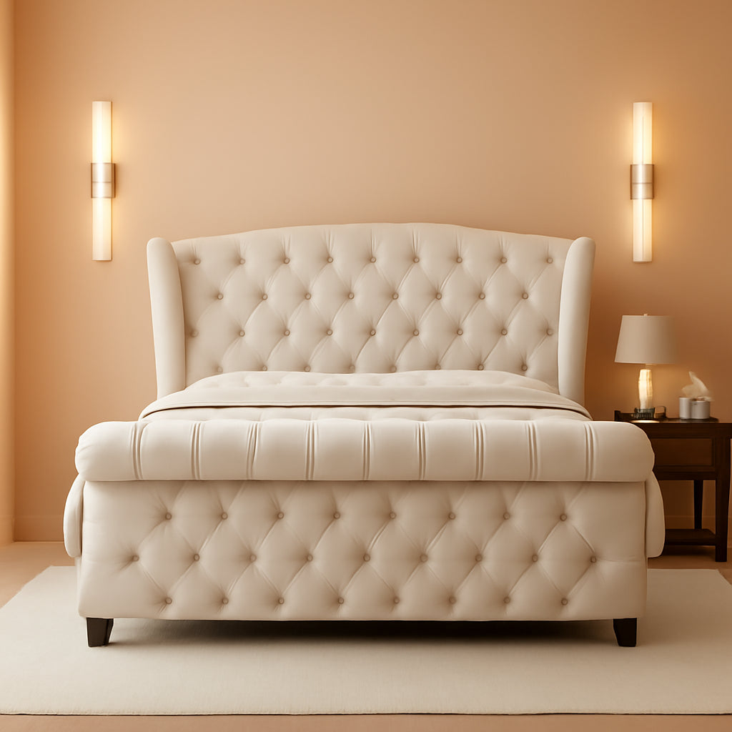 King Size Platform Bed Frame, Chenille Upholstered Sleigh Bed with Scroll Wingback Headboard & Footboard/Button Tufted/No Box Spring Required/Cream-0