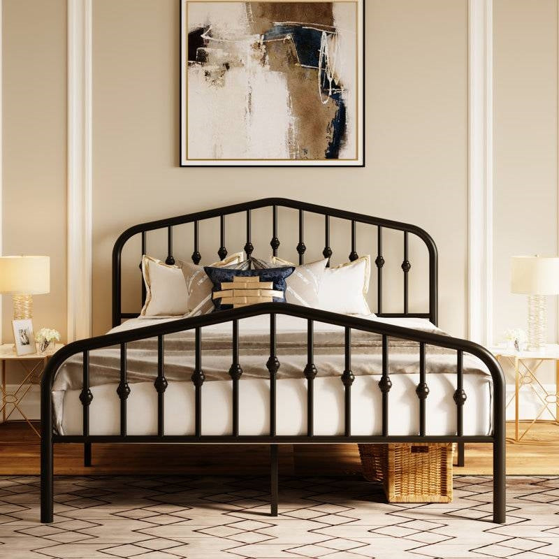 Queen Farmhouse Spindle Black Metal Platform Bed Frame with Headboard Footboard-0