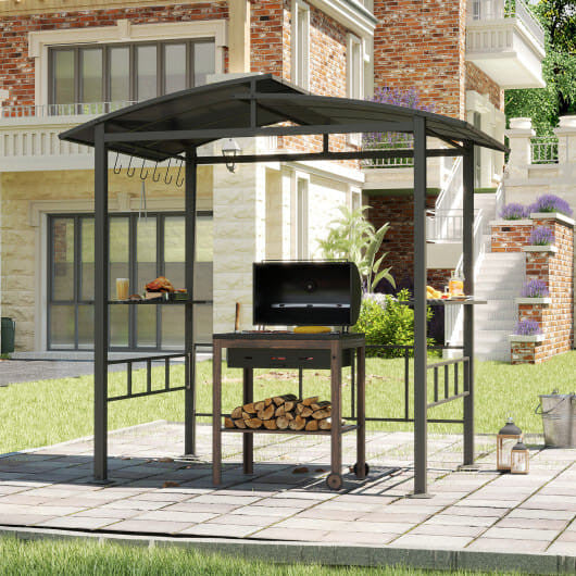 Hardtop Grill Gazebo with Vented Polycarbonate Roof Side Shelves-Black