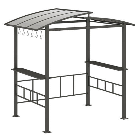 Hardtop Grill Gazebo with Vented Polycarbonate Roof Side Shelves-Black