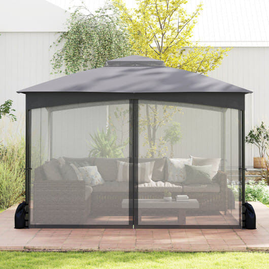 10 X 12 FT Patio Gazebo with Netting Walls with 4 Sandbags-Gray