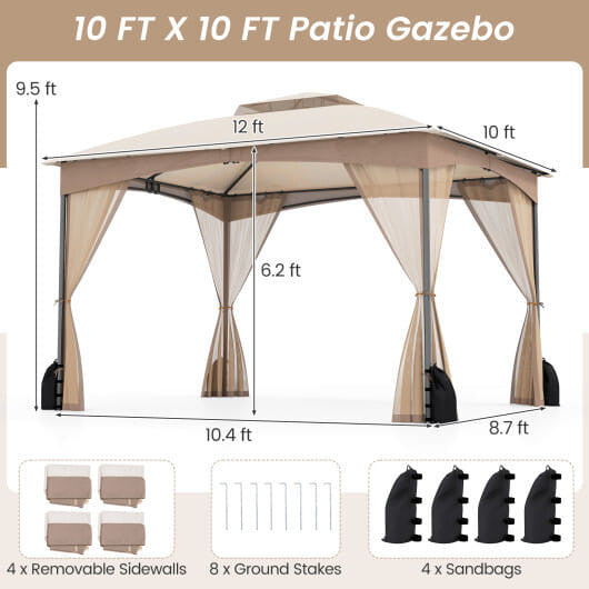 10 X 12 FT Patio Gazebo with Netting Walls with 4 Sandbags-Gray