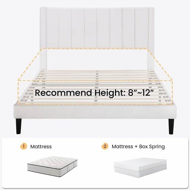 Queen size White Velvet Upholstered Platform Bed Frame with Headboard-1