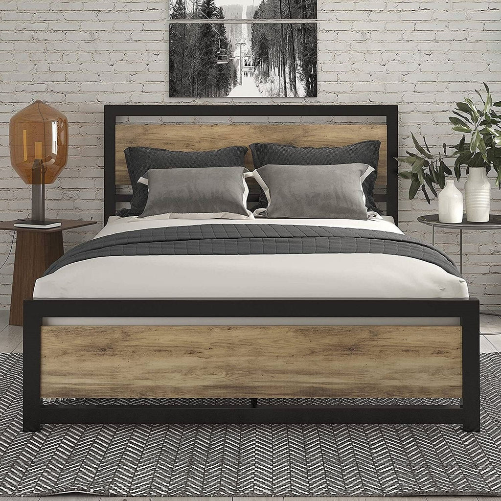 Full Metal Platform Bed Frame with Brown Wood Panel Headboard and Footboard-0