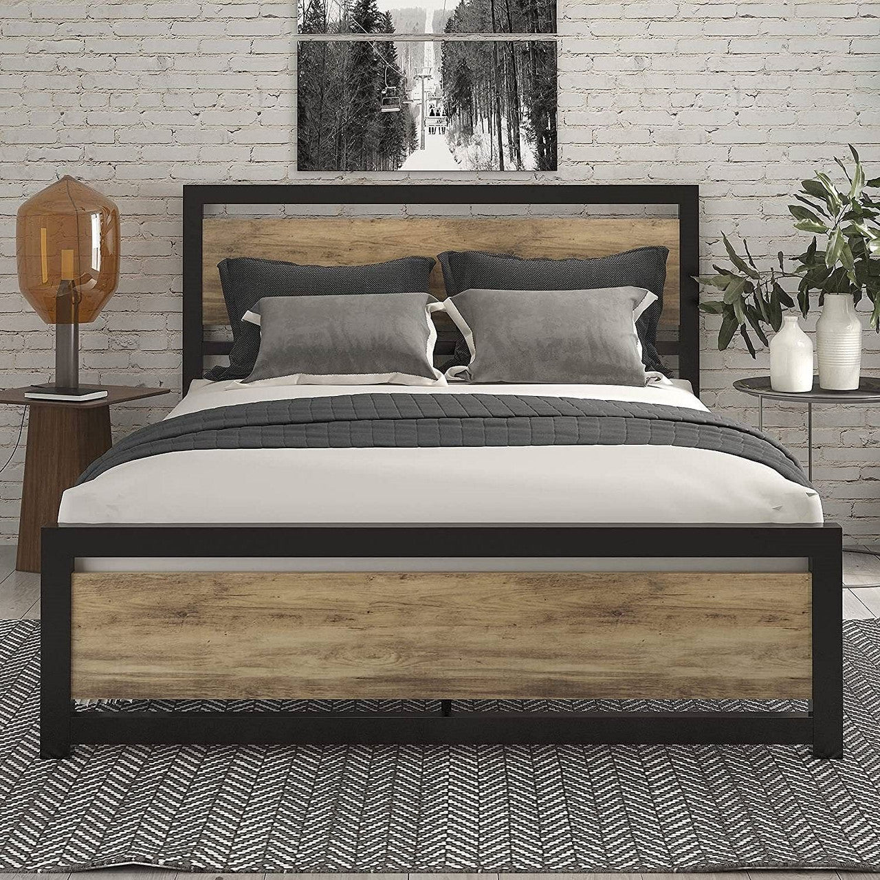 Full Metal Platform Bed Frame with Brown Wood Panel Headboard and Footboard-0