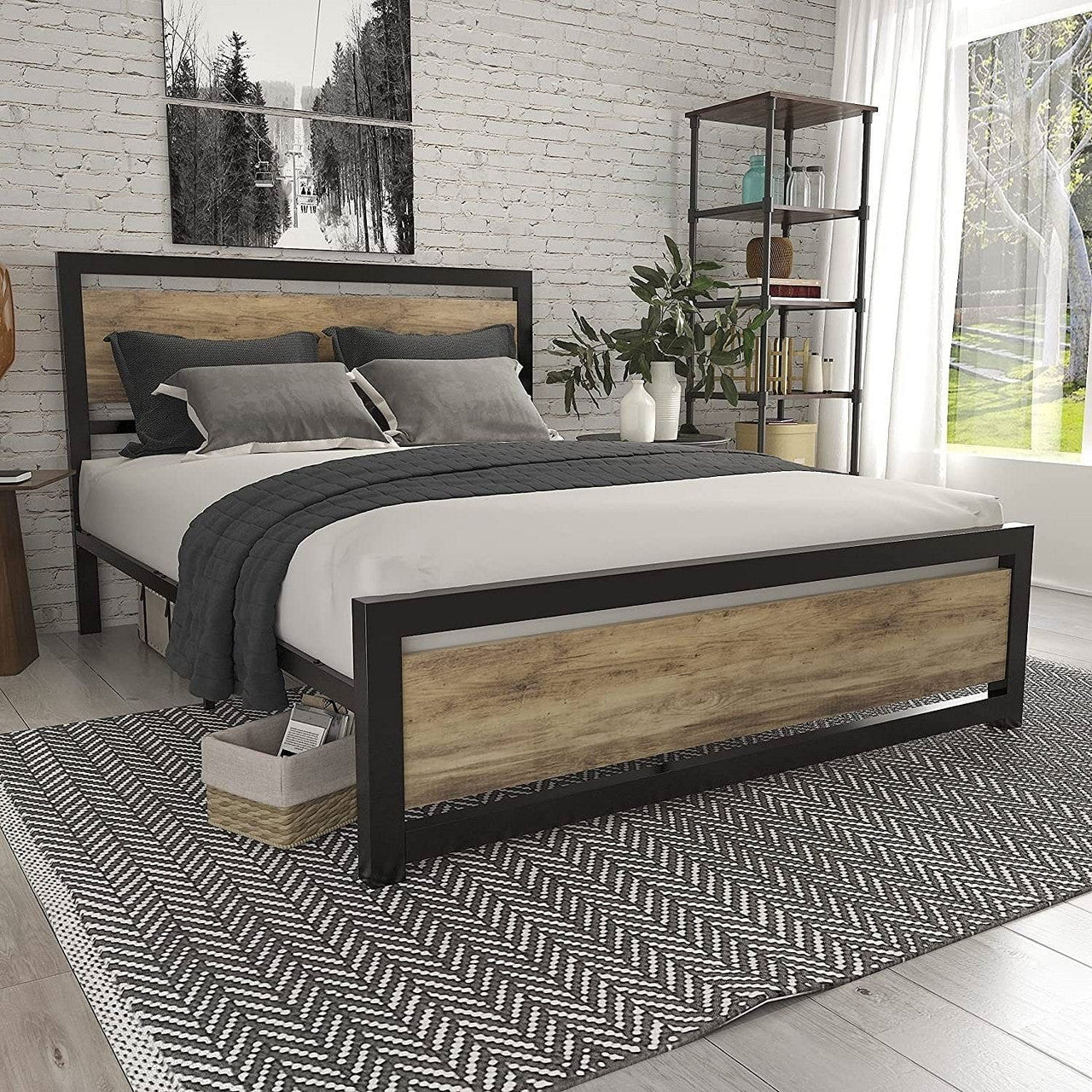 Full Metal Platform Bed Frame with Brown Wood Panel Headboard and Footboard-1