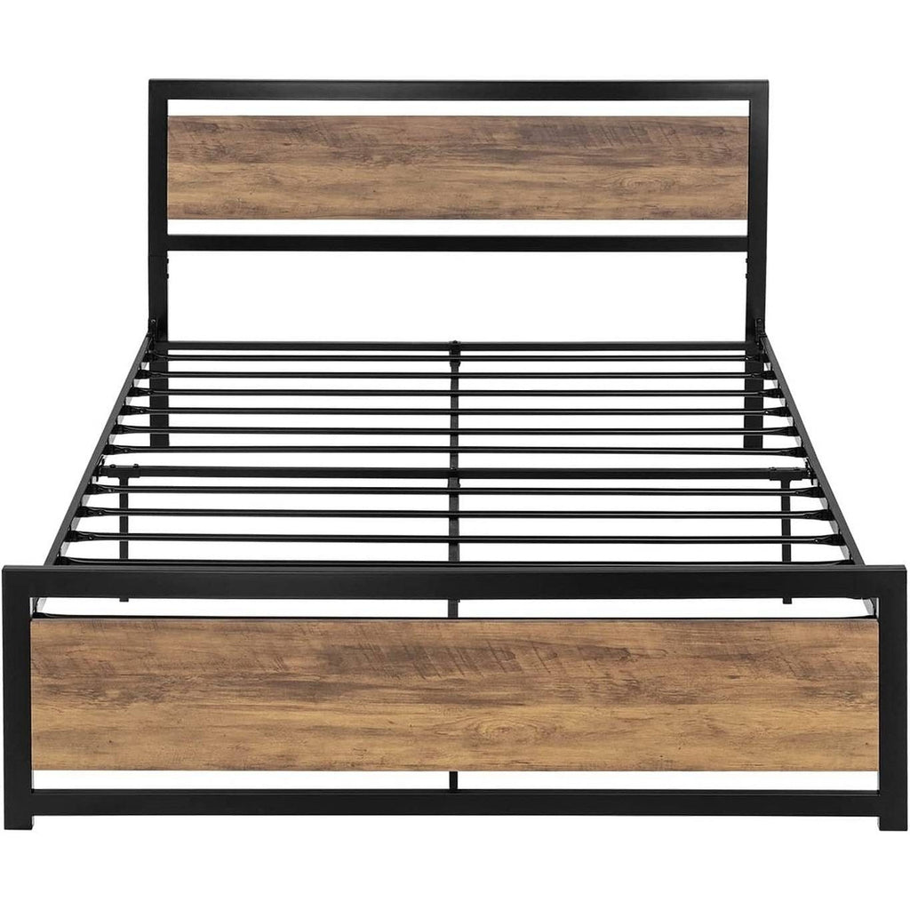Full Metal Platform Bed Frame with Brown Wood Panel Headboard and Footboard-2