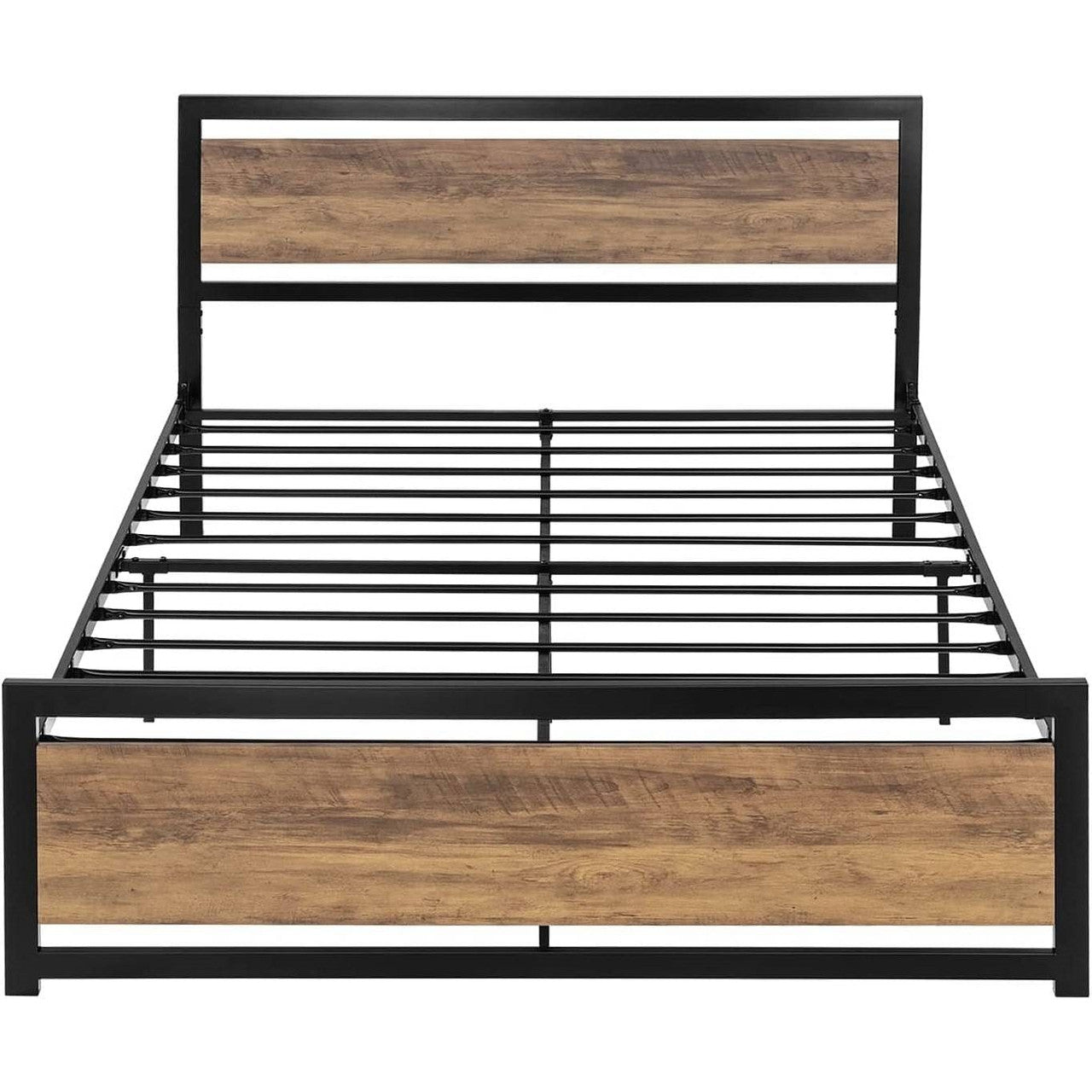 Full Metal Platform Bed Frame with Brown Wood Panel Headboard and Footboard-2
