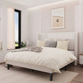 Queen size White Velvet Upholstered Platform Bed Frame with Wingback Headboard-0