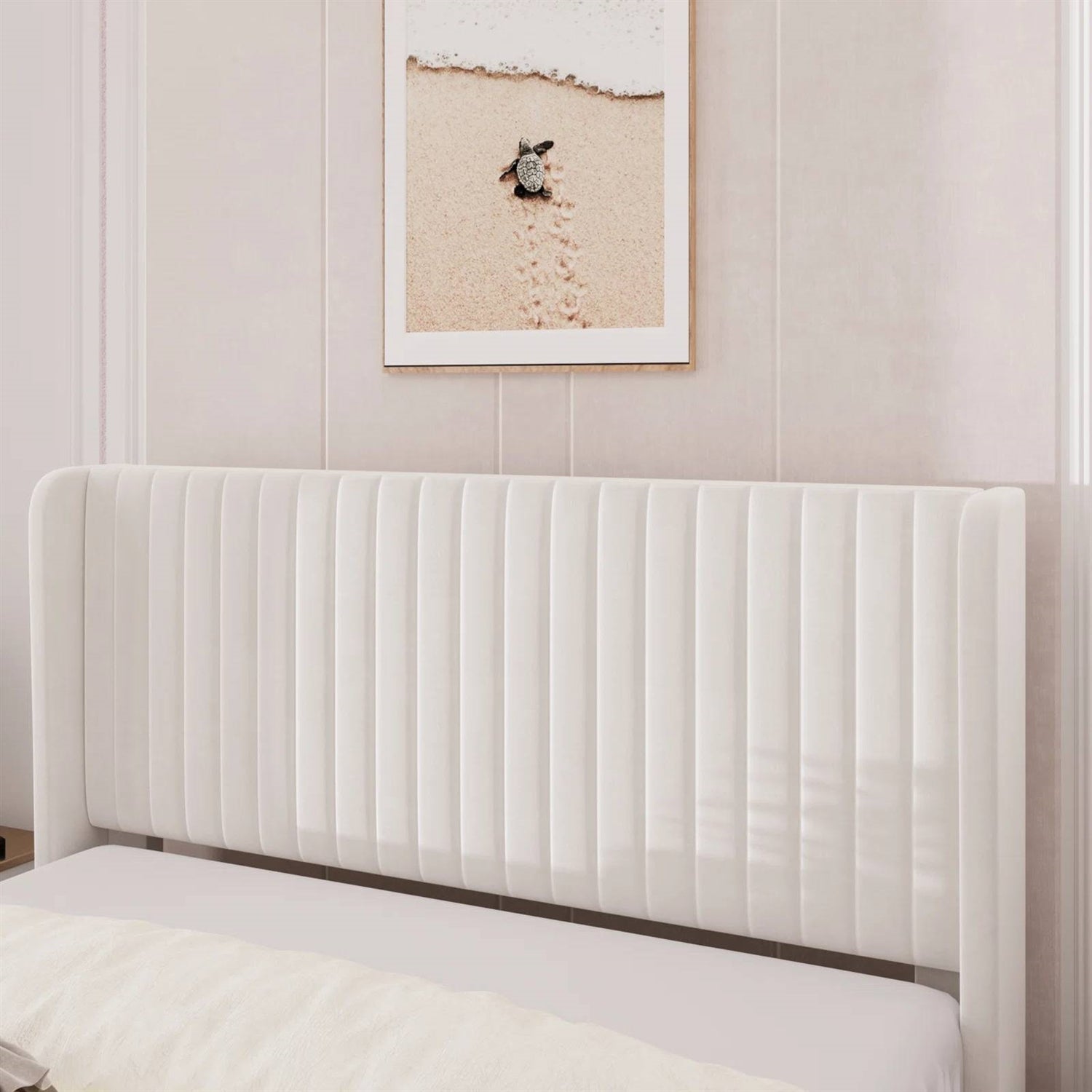 Queen size White Velvet Upholstered Platform Bed Frame with Wingback Headboard-2