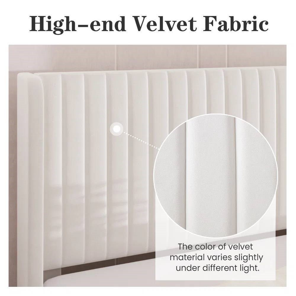 Queen size White Velvet Upholstered Platform Bed Frame with Wingback Headboard-3