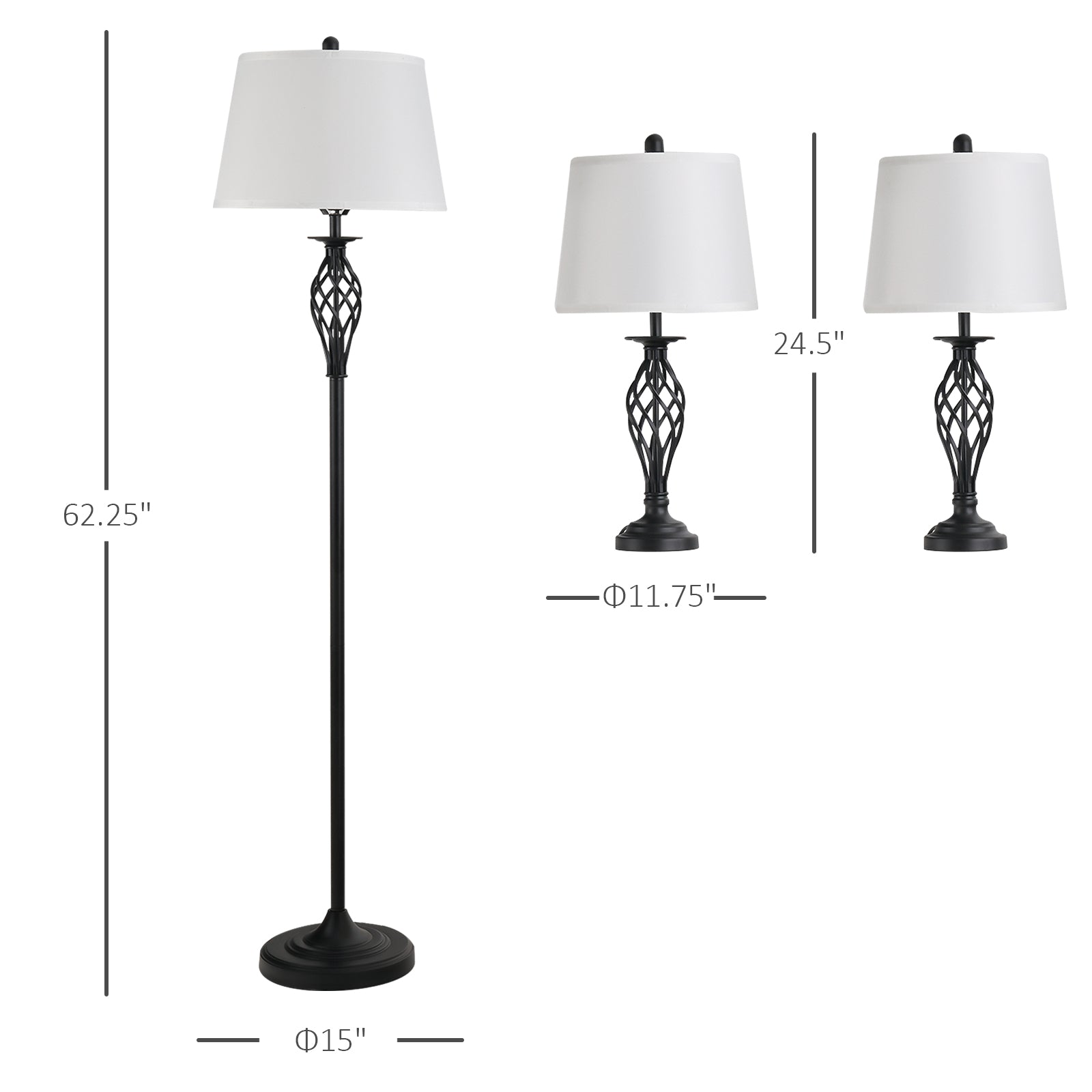 3 Piece Table Floor Lamp Set with Metal Pole, Round Base, and Fabric Lampshade, for Living Room, Black/White