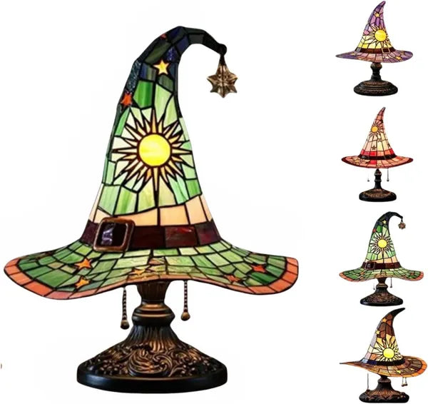 Witch Hat Lamps, Handcrafted Stained Glass Resin Wizard Hat Light Gothic Table Lamp For Halloween Decor, Spooky Night Light For Bedroom And Indoor Parties, Unique Wiccan Gift