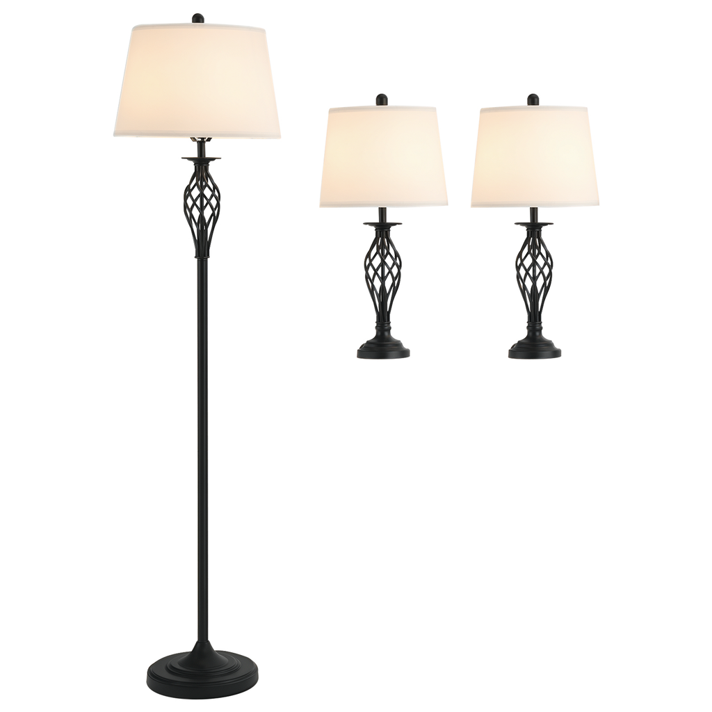 3 Piece Table Floor Lamp Set with Metal Pole, Round Base, and Fabric Lampshade, for Living Room, Black/White